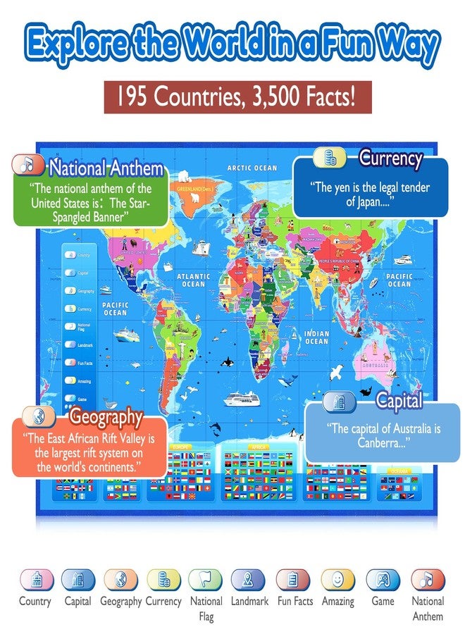 GOLDGE Interactive World Map for Kids Ages 5-12 with Talking Pen | Educational Geography Toy with Piano Music Card & Recordable Greeting Card | Gift for Christmas & Birthdays - Image 3